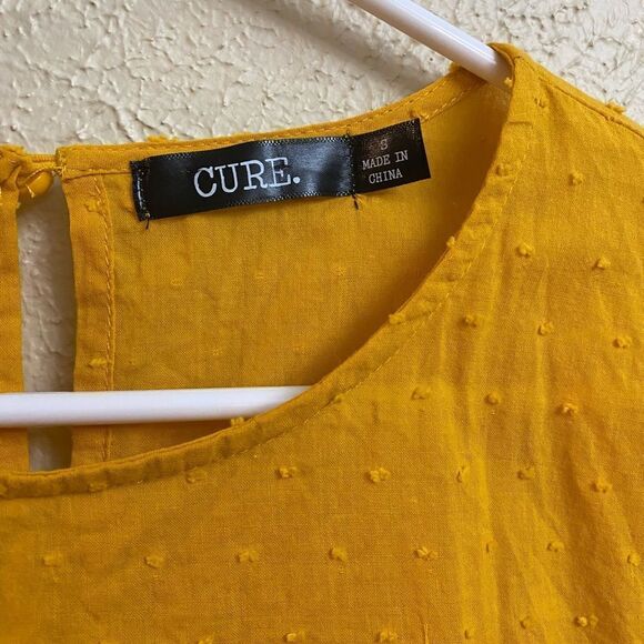 CURE Mustard Yellow Textured Fall Long Balloon Puff Sleeve Blouse small - Picture 8 of 9